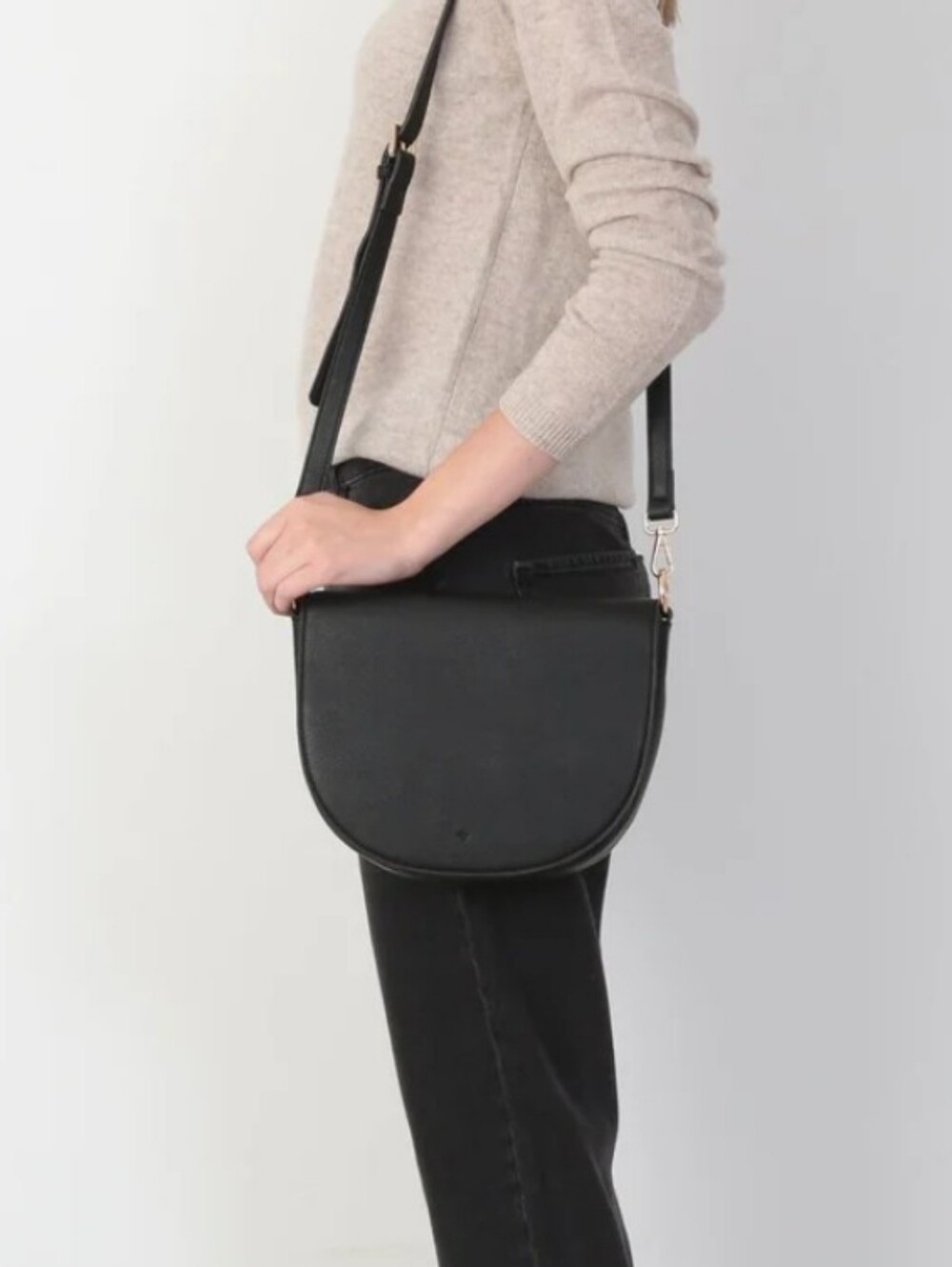 ELA Saddle Bag Crossbody Bag Half Moon Shape Gold Hardware Black Pebble Faux